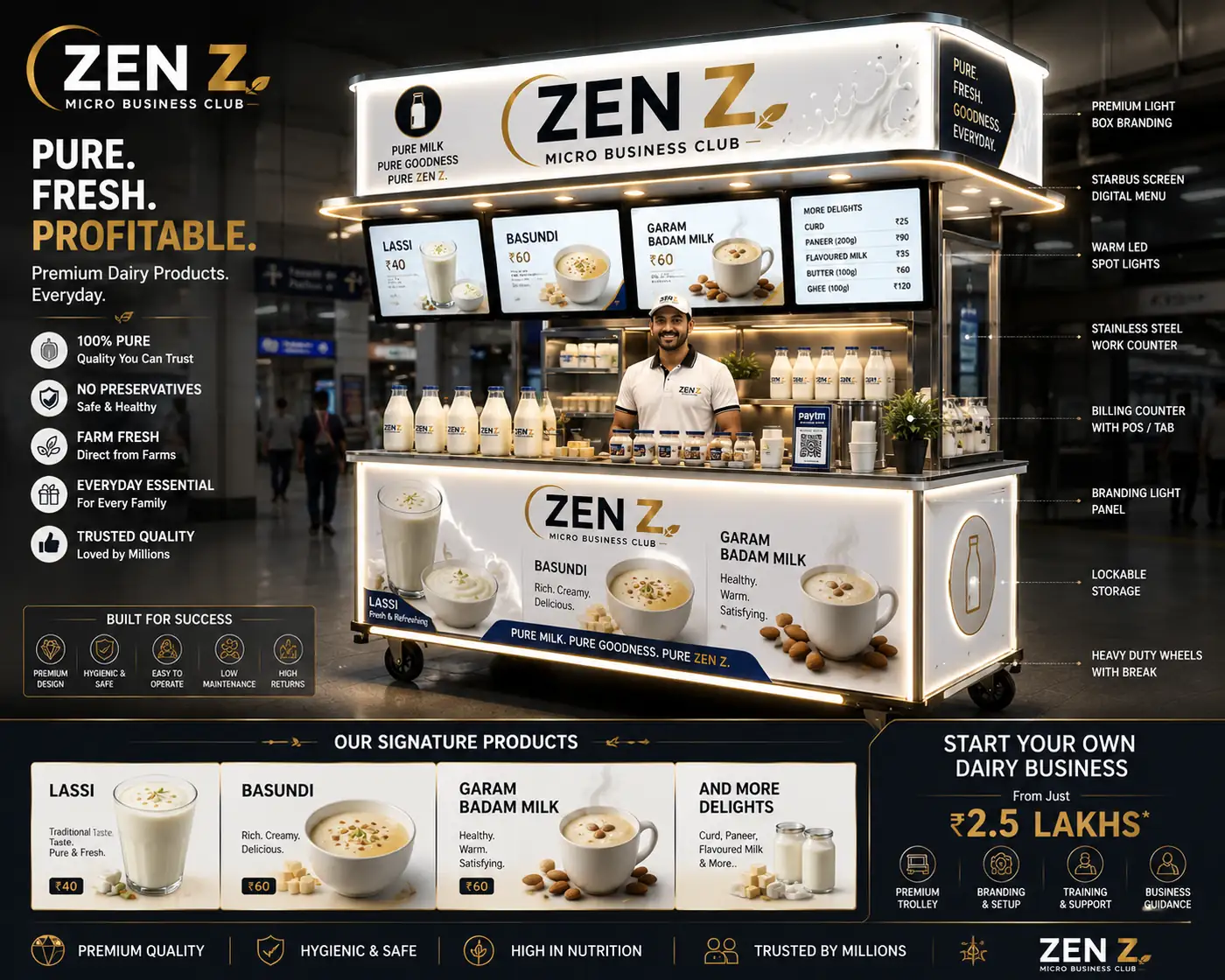 ZEN Z Dairy premium trolley with digital menu and POS billing