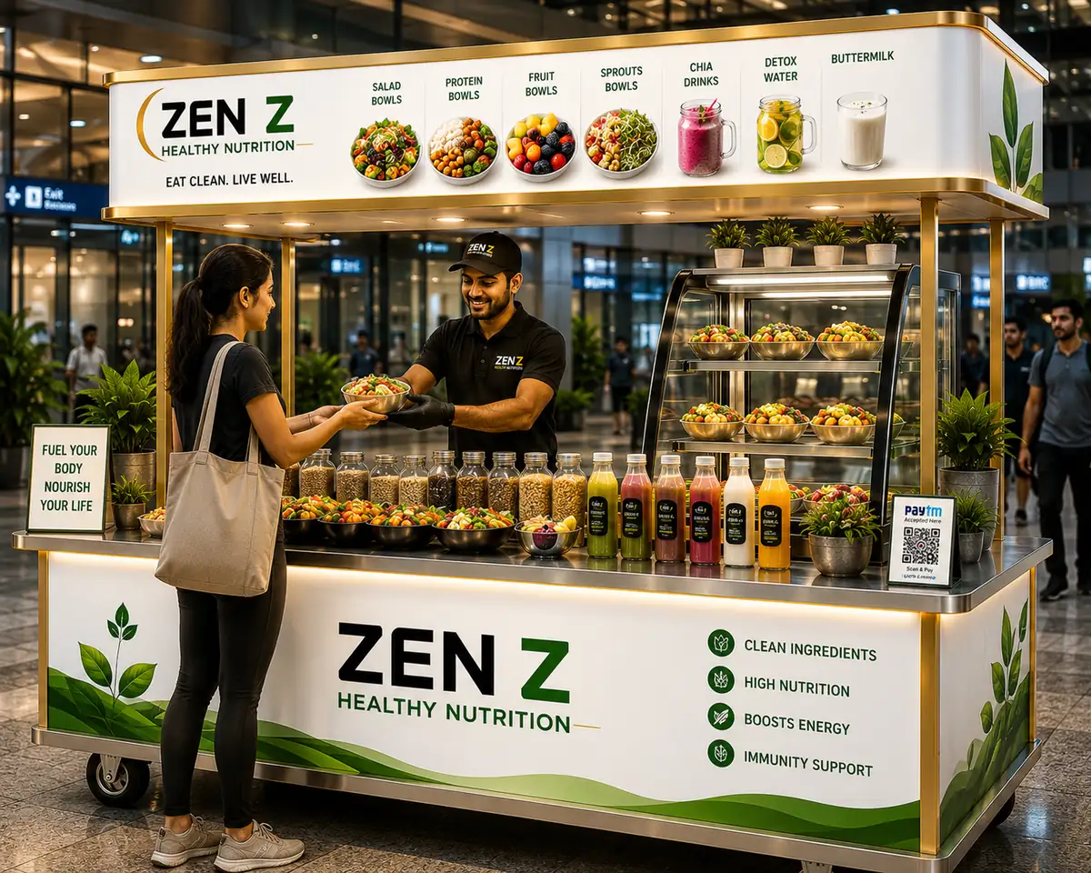 ZEN Z Healthy Nutrition trolley at an airport concourse